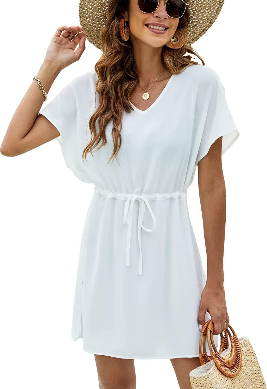 Women's Summer Dress V-Neck Drawstring Mini Dress