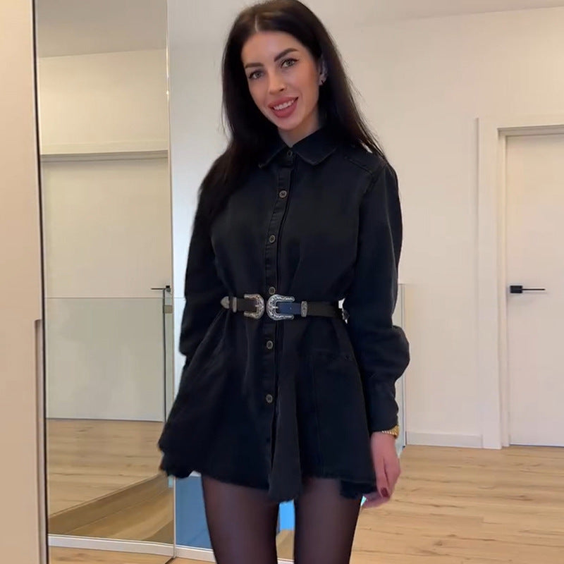 Women's Denim Dress with Belt, Figure-Hugging