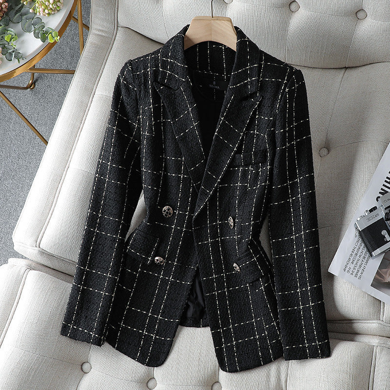 Stylish Tweed-Look Double-Breasted Blazer Plaid Pattern