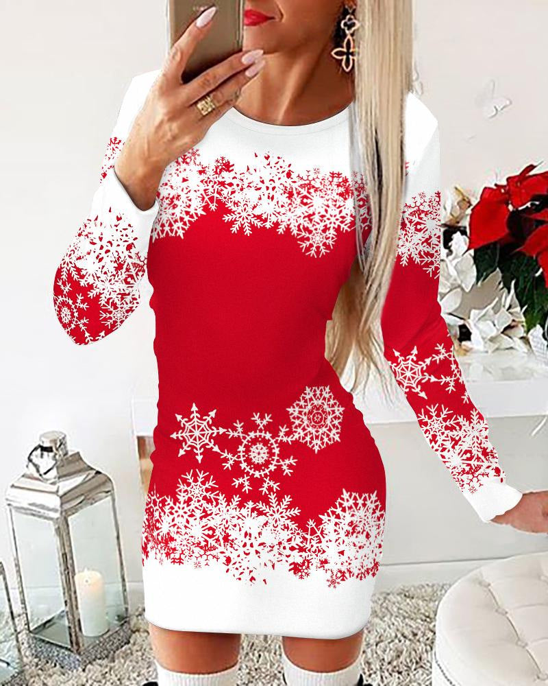 Weihnachtskleid Damen Langarm Schneeflocken Elegant - IdealeKleiden