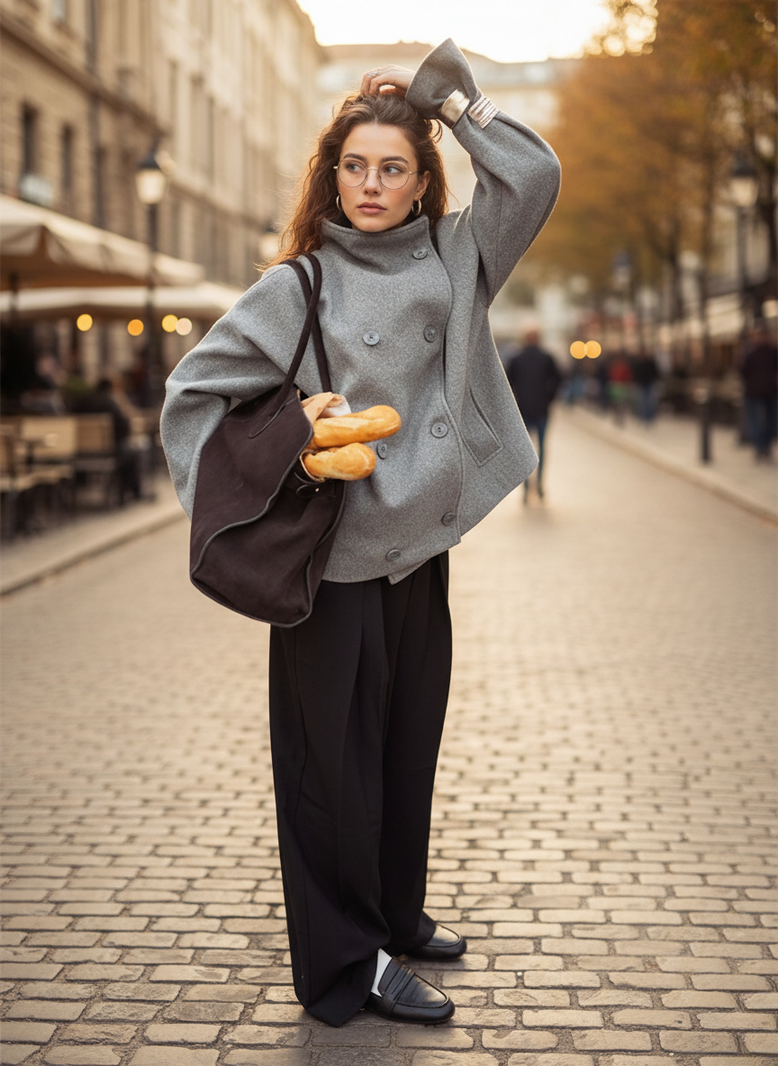 Oversized wool jacket, stand-up collar, double-breasted