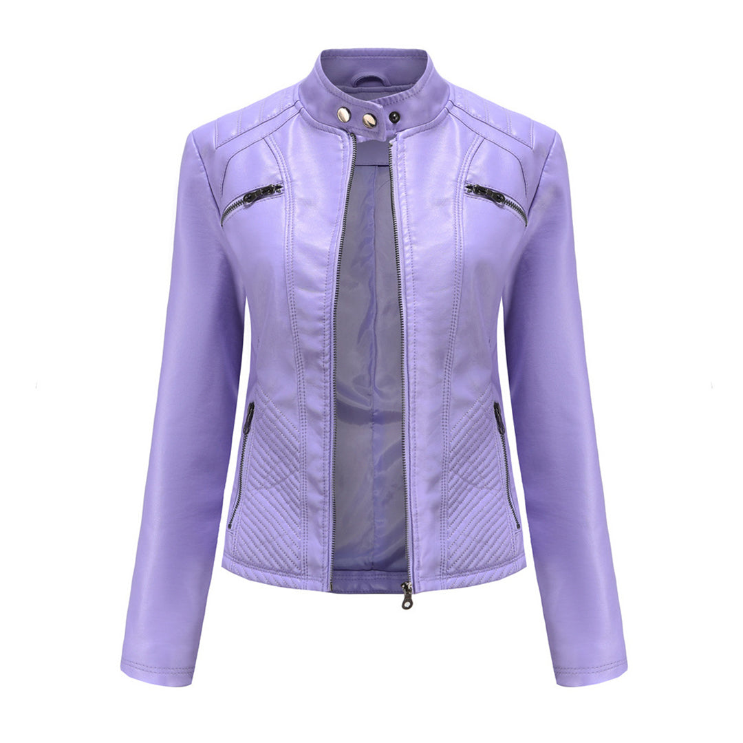 Leather jacket biker style stand-up collar ribbed look
