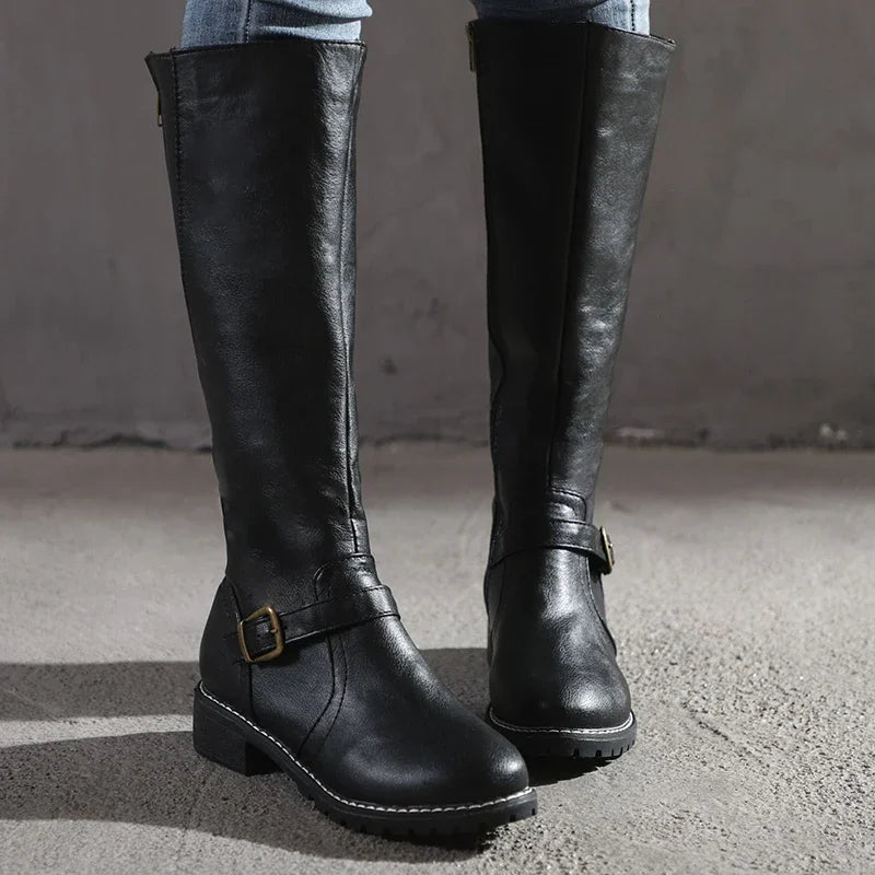 Knee-length Boots Slim Buckles Leather Look
