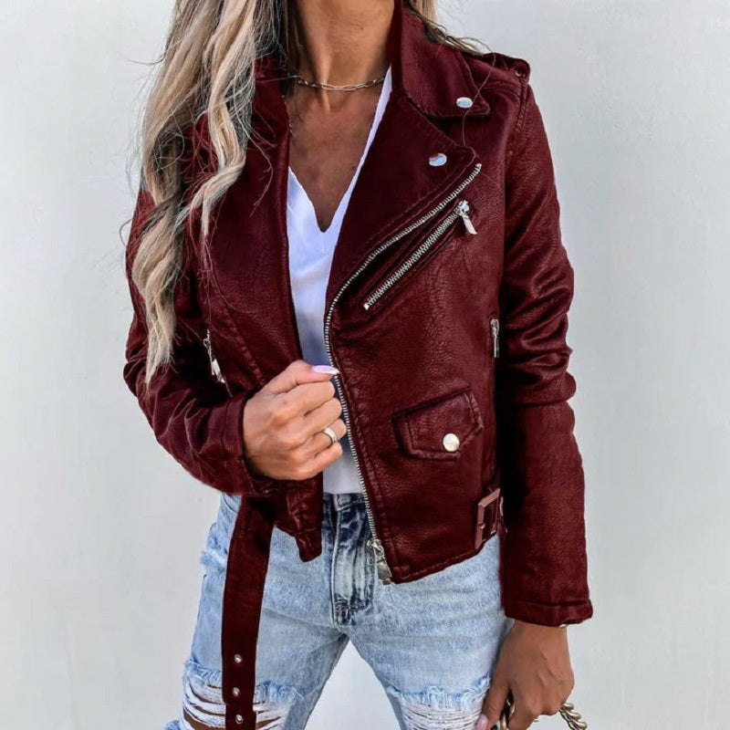 Elegant Women's Leather Jacket Lapel Collar Style