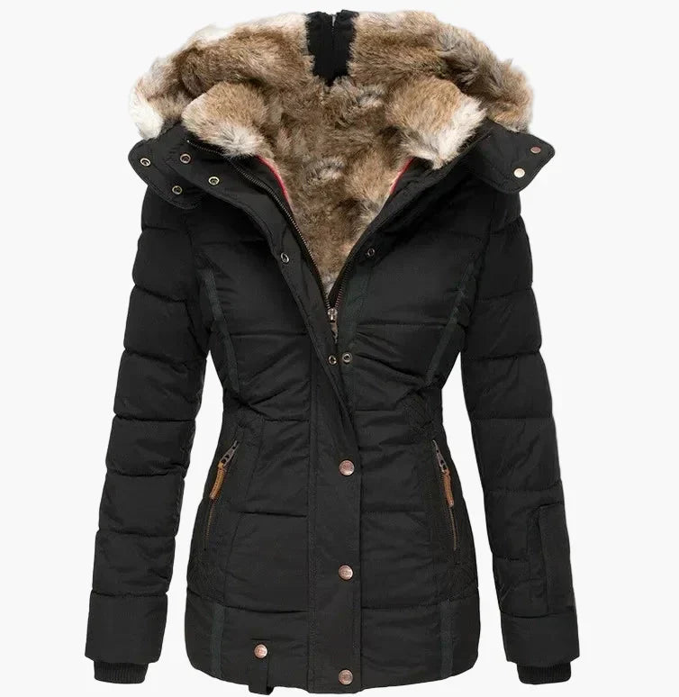 Women's Quilted Winter Jacket Hood Faux Fur Warm