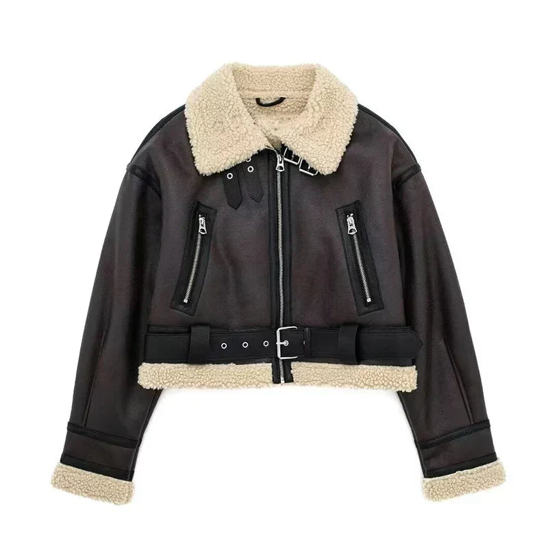 Women's Lambskin Jacket Oversized Warm Wool Lining Zipper