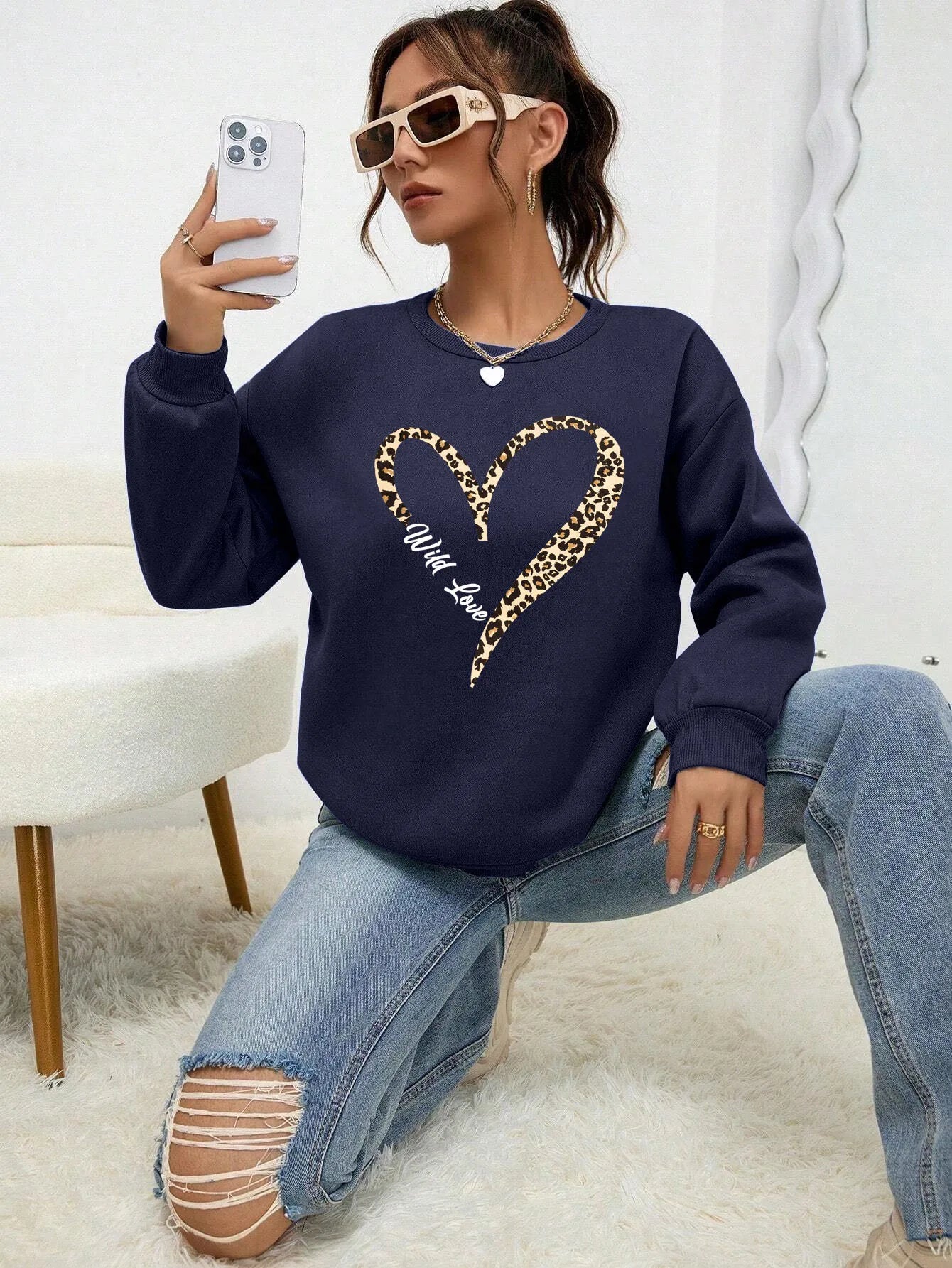 Fashionable Women's Sweat Jacket Leopard Heart Pattern