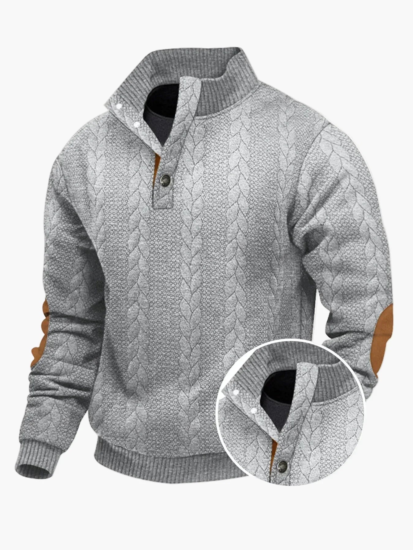 Casual knitted jumper with stand-up collar and patches