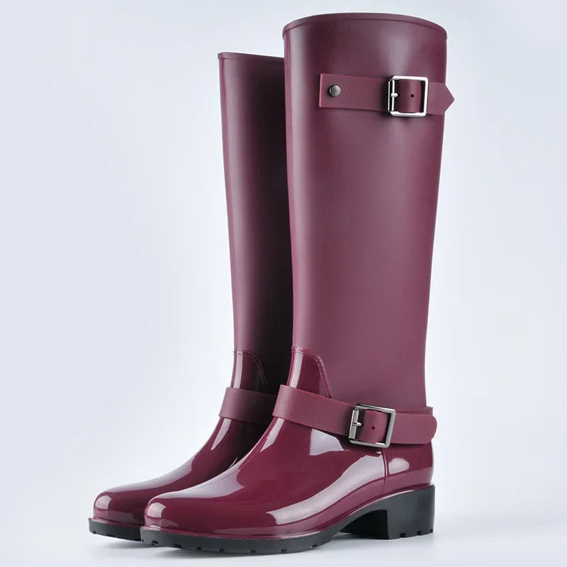 Damen Gummistiefel Wasserdicht Knielang Schnalle Blockabsatz