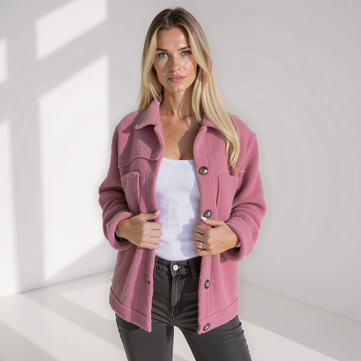 Women's Autumn Jacket Soft Teddy Look with Buttons