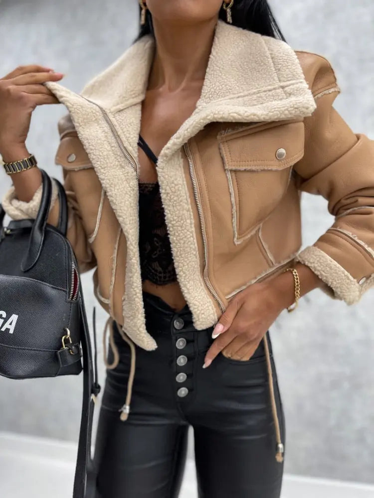 Women's Leather Jacket Warm Fleece Winter Look