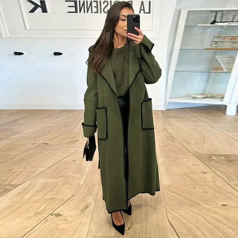 Damen-Trenchcoat Lang Kuschelig Wollig