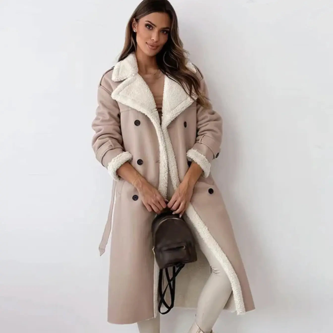Long women's fleece jacket with teddy collar, warm