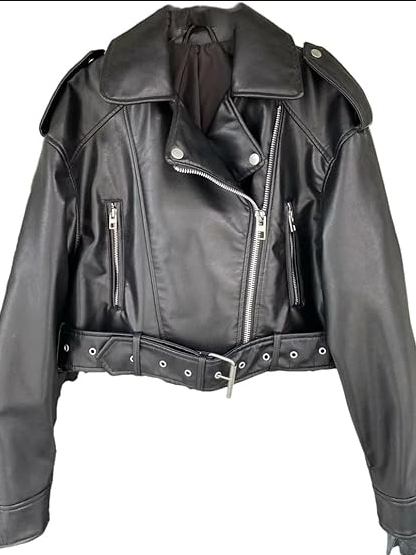 Leather jacket biker style short belt