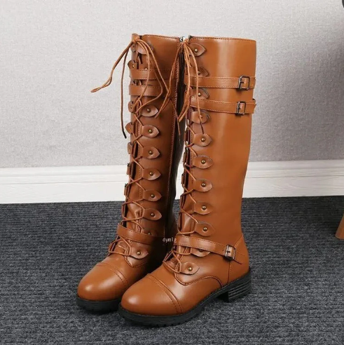 Retro Boots Women Flat Buckle Laces