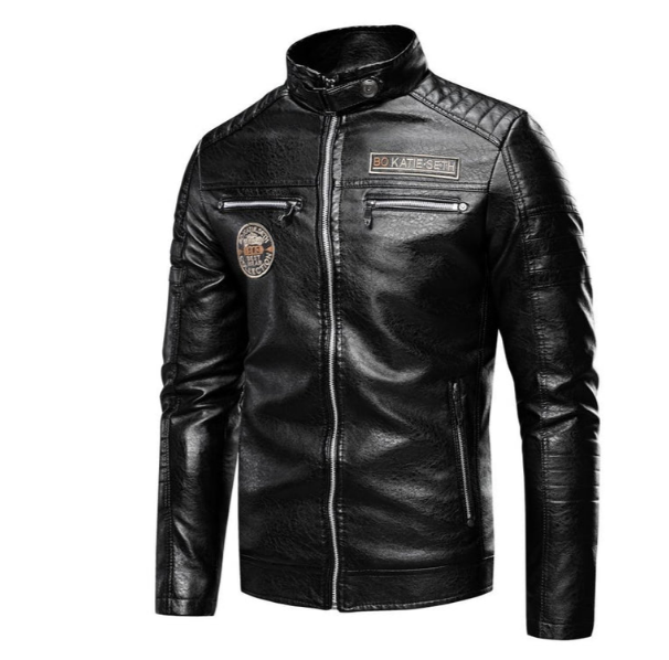 Men's Leather Biker Jacket With Patches