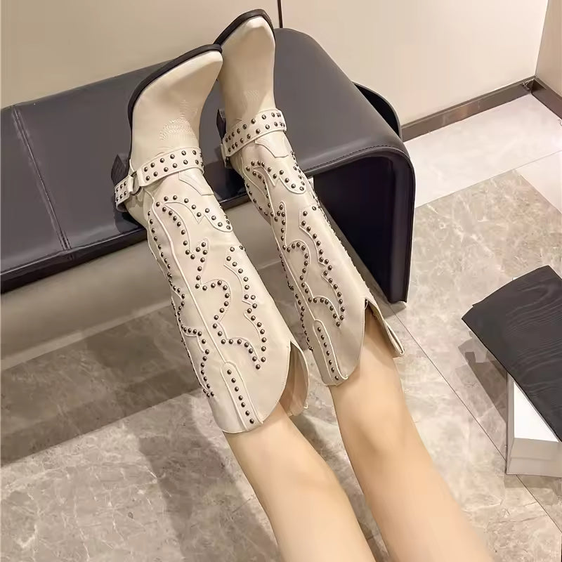 Stylish Boots Faux Leather Knee High Studded