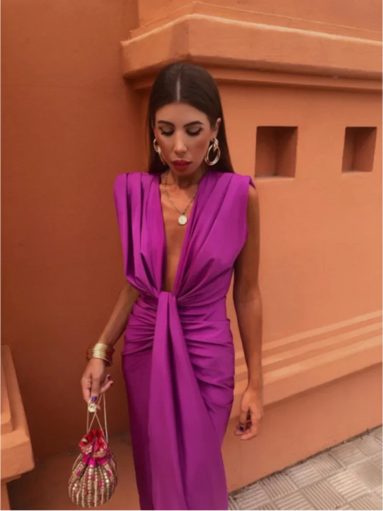 Elegant women's dress for wedding guests with V-neck