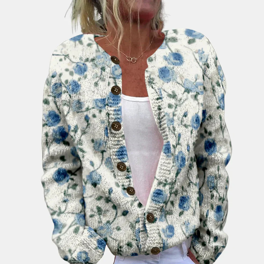 Stilvoller Blauer Cardigan Mit Trendigem Druck - IdealeKleiden