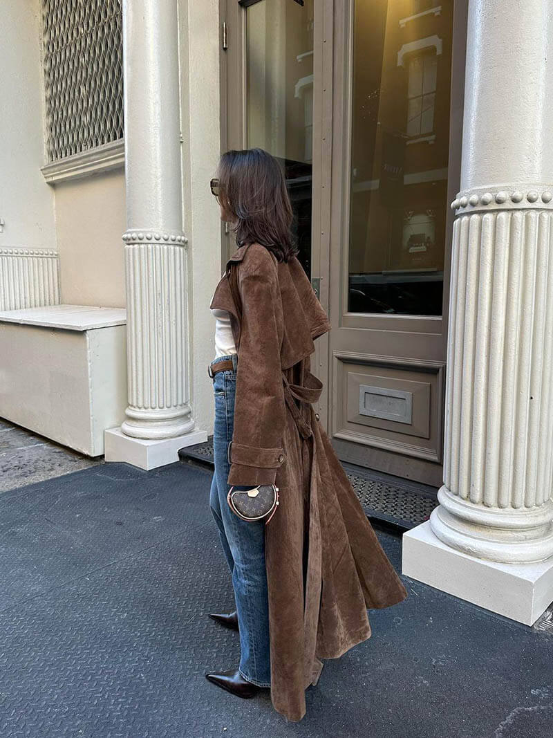Eleganter Damen Trenchcoat aus Veloursleder - IdealeKleiden