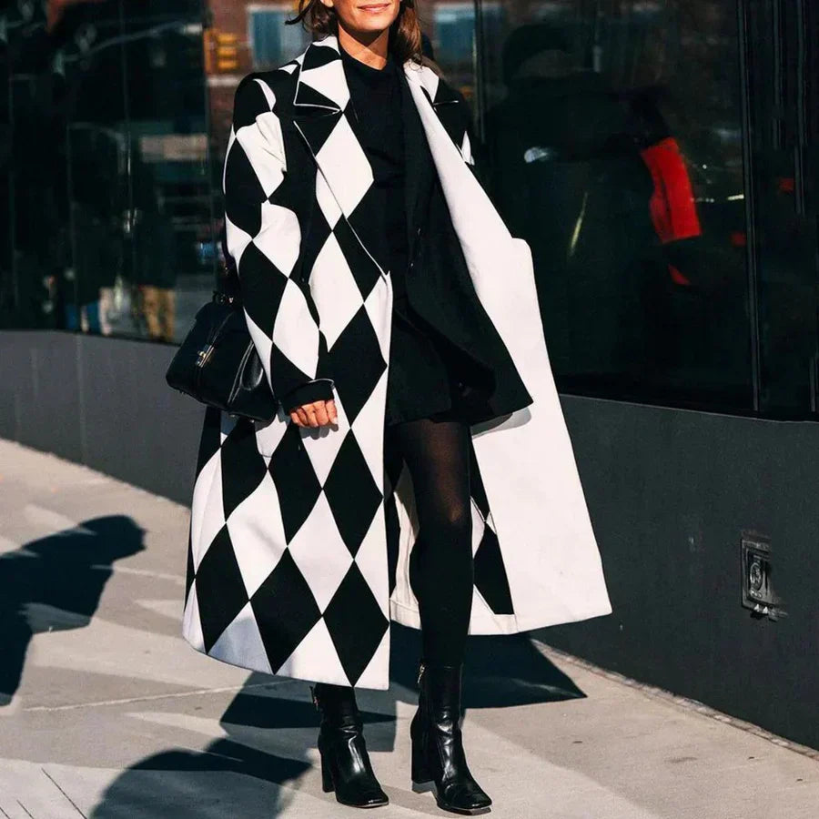 Long Wool Coat Loose Fit Modern Graphic