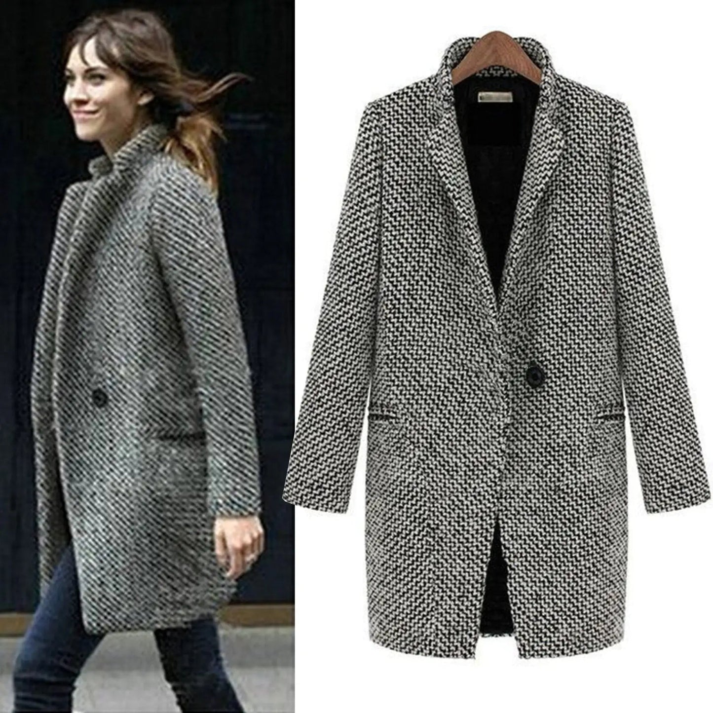 Damen Wollmantel Chic Hahnentrittmuster Elegantes Design - IdealeKleiden