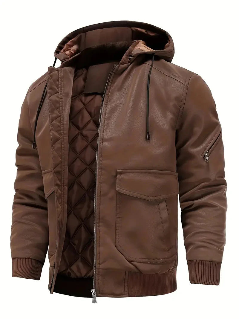 Men's Leather Jacket Warm Hood