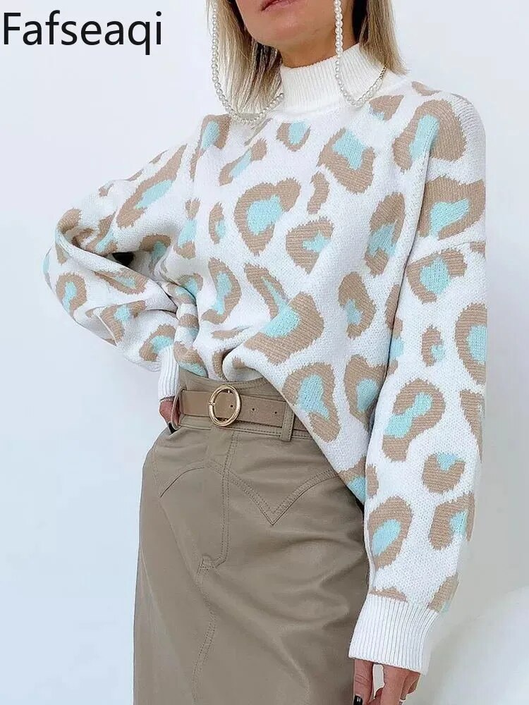 Chunky Turtleneck Sweaters Leopard Print Women