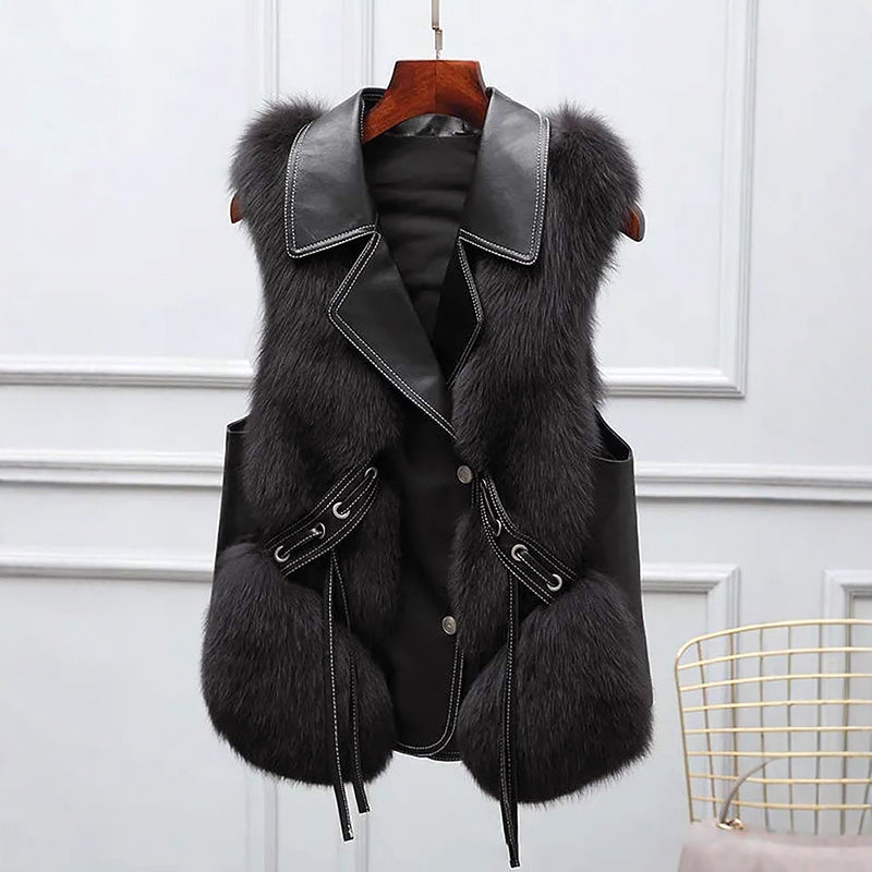 Stylish faux fur vest with cord and lapel collar