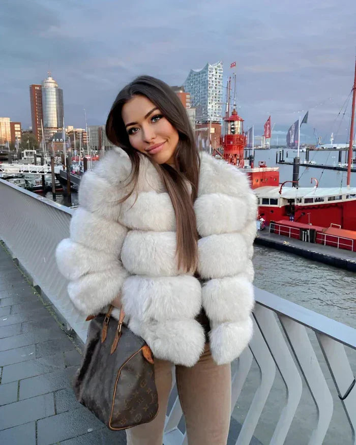 Faux Fur Short Puffer Jacket Plush Winter Coat for Women