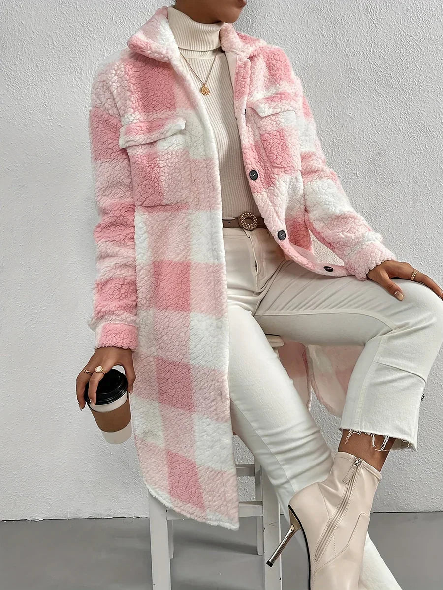 Oversized Plaid Midi Teddy Coat