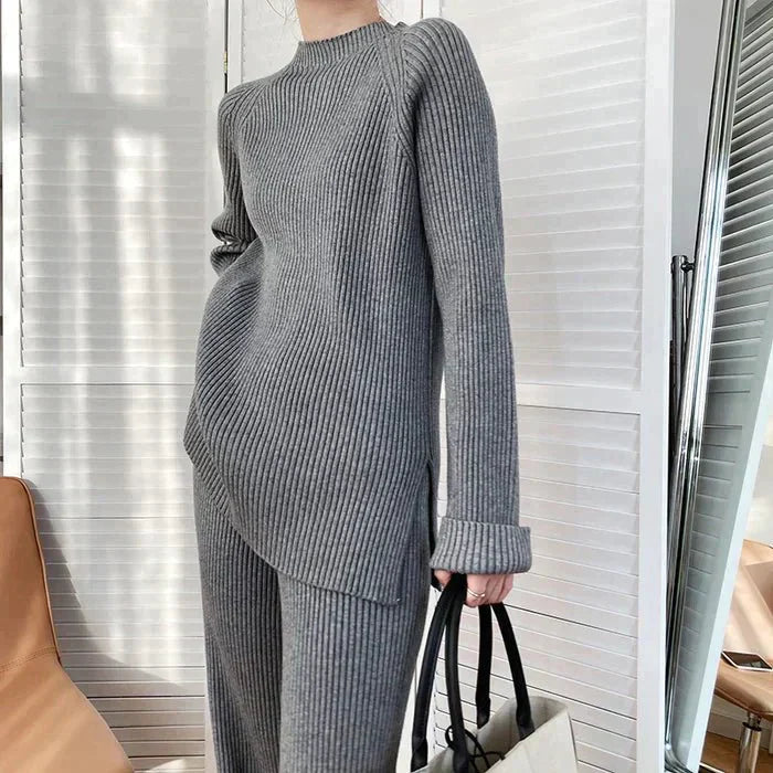 Women's Scarf Knitted Sweater with Wide Leg Trousers
