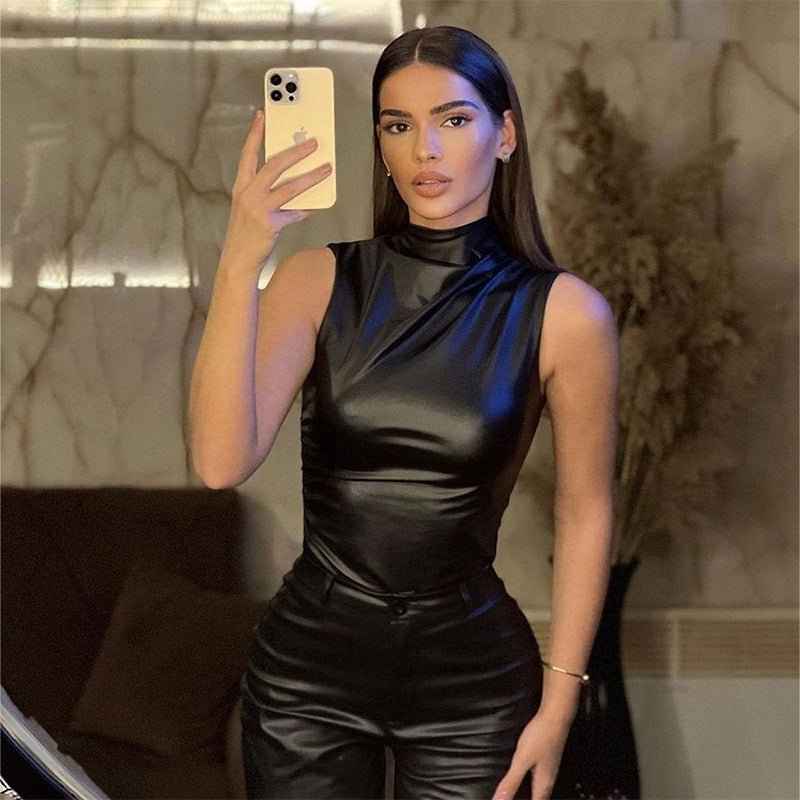 Sleeveless Top Leather Look Stand-Up Collar Asymmetric
