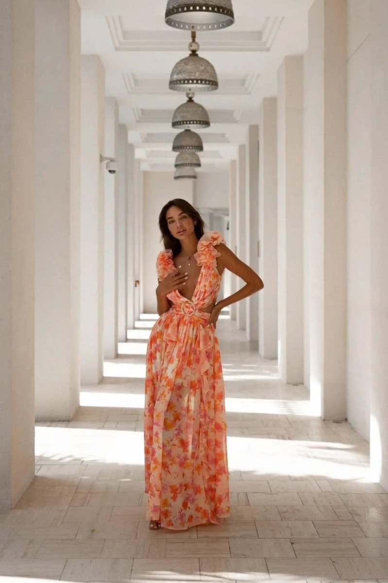 Summer Maxi Dress Floral Print Ruffles Neckline