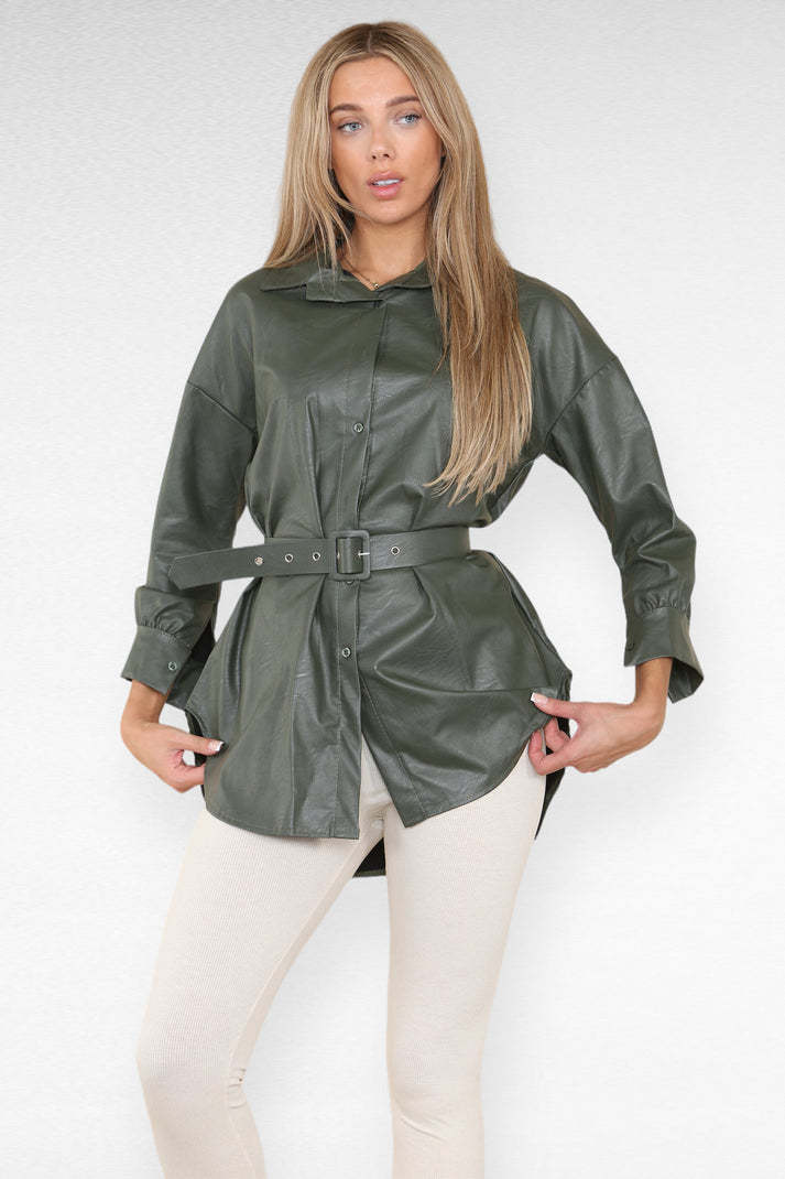 Elegant faux leather women's dress with belt