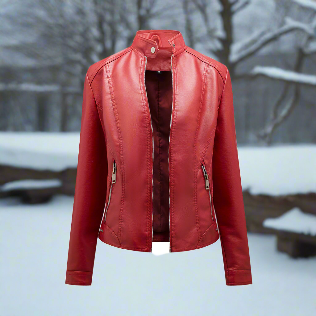 Leather jacket biker style zipper stand-up collar slim