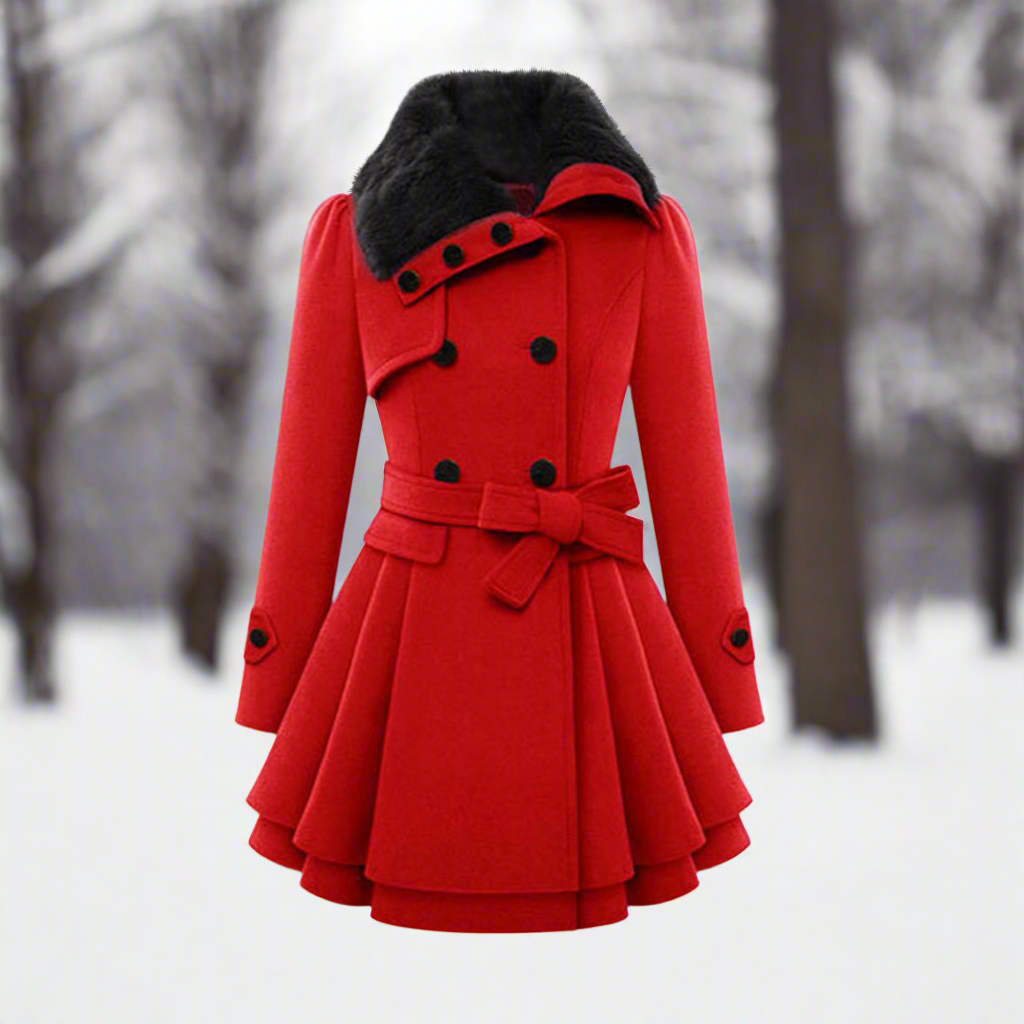 Women's Double-Breasted A-Line Coat with Waist Belt & Faux Fur