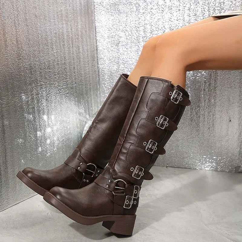 Boots Biker Buckle Leather