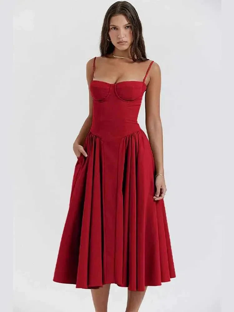 Elegant Midi Dress with Corset Bodice and Skirt