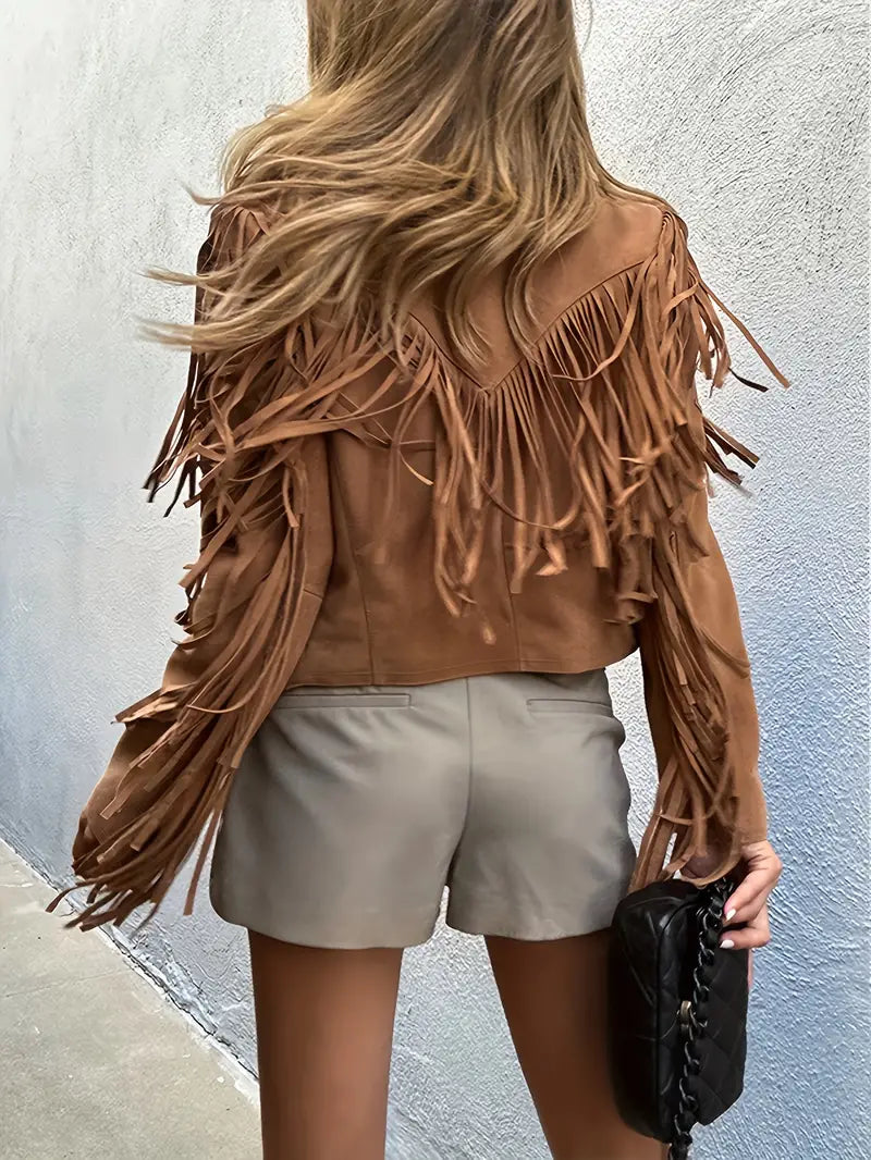 Braune Lederjacke Kurz Fransen Look - IdealeKleiden