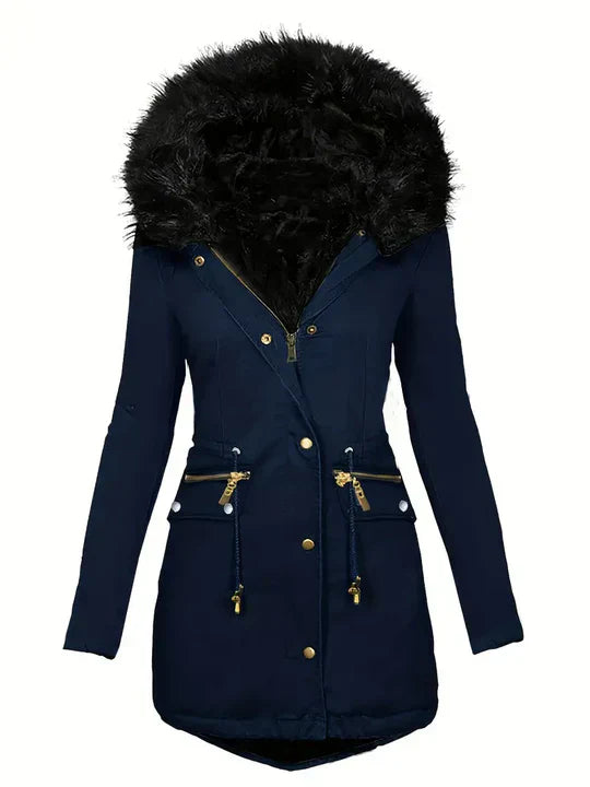 Winter parka coat with faux fur hood and drawstring