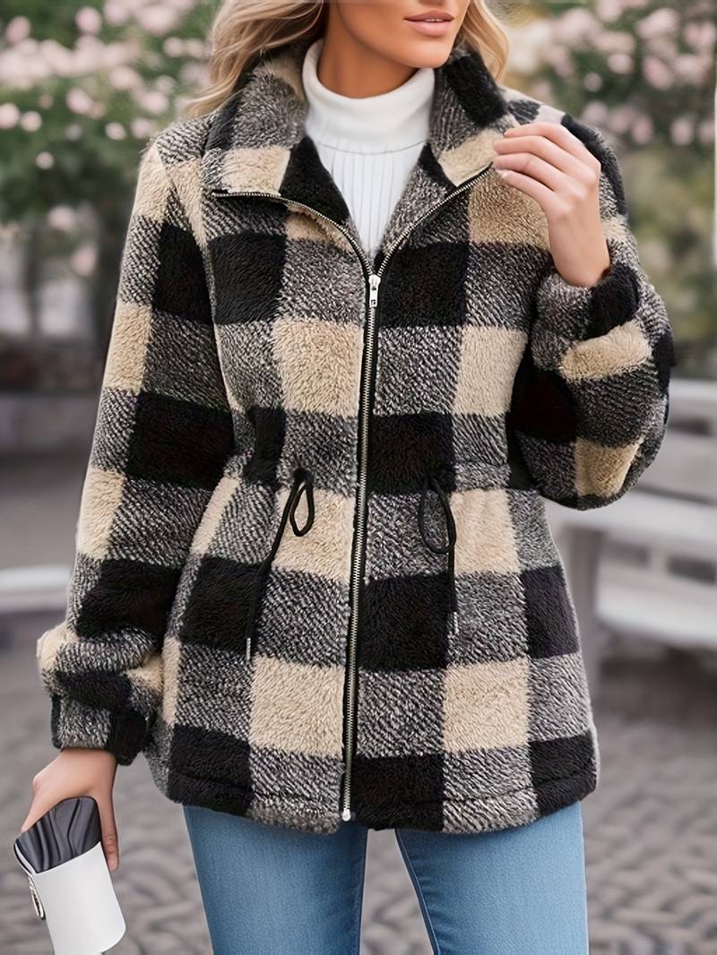 Karierte Teddyjacke Damen Mantel - IdealeKleiden