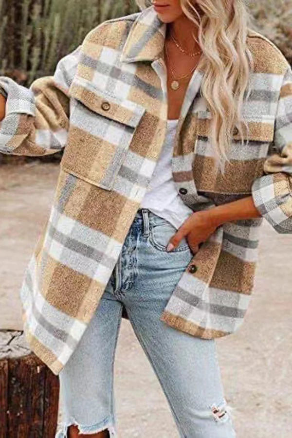 Stylish Plaid Women's Jacket with Practical Pockets