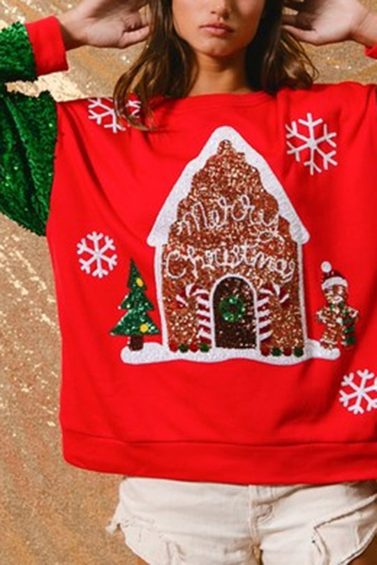 Christmas Sweatshirt Casual Glitter Crew Neck