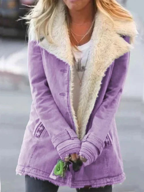 Elegant Women's Coat Soft Faux Fur Trim Button Closure