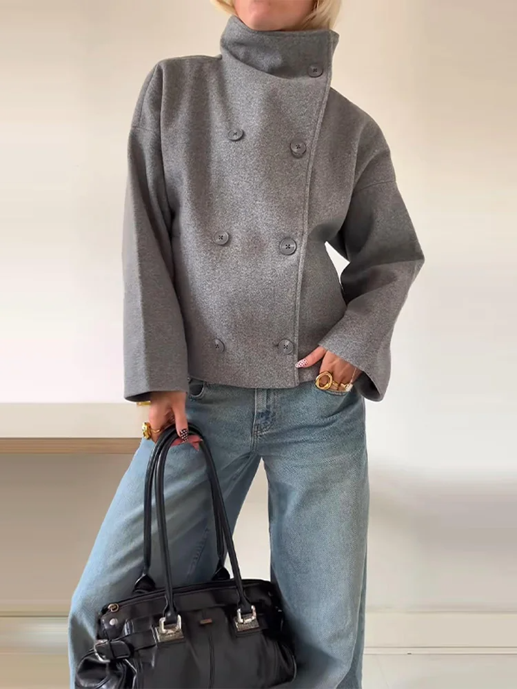 Short Coat Women Oversized Wool Coat Stand-up Collar