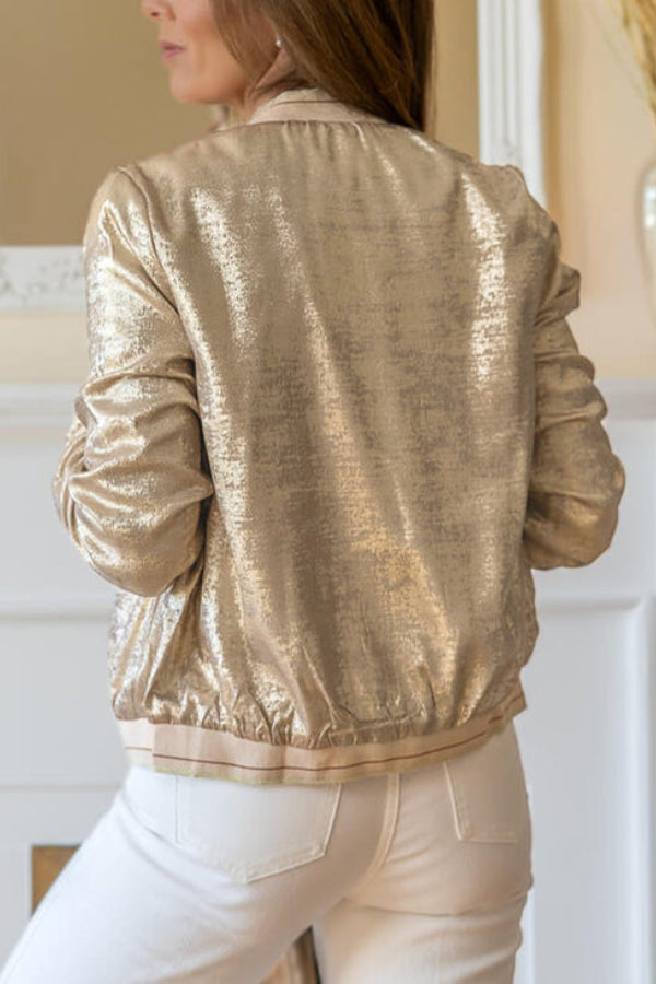 Trendige Baseballjacke Khaki Metallic Schnellverschluss - IdealeKleiden