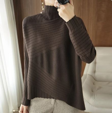Cozy Asymmetrical Sweater Ribbed Turtleneck Pullover