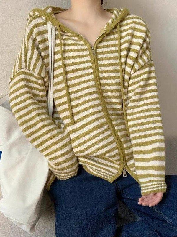 Comfortable Striped Jacket Hood Zipper