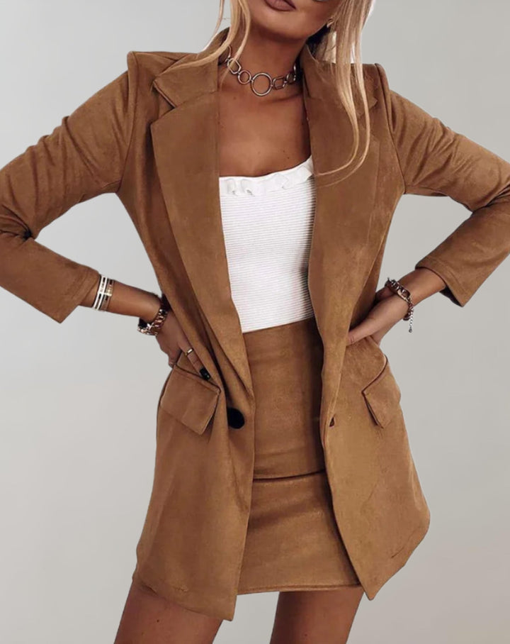 Stylish Suede Blazer Skirt Set